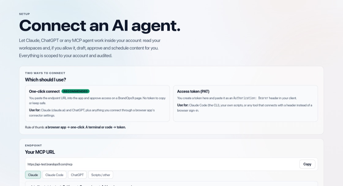 Screenshot of the Connect an AI agent (Claude, ChatGPT) screen