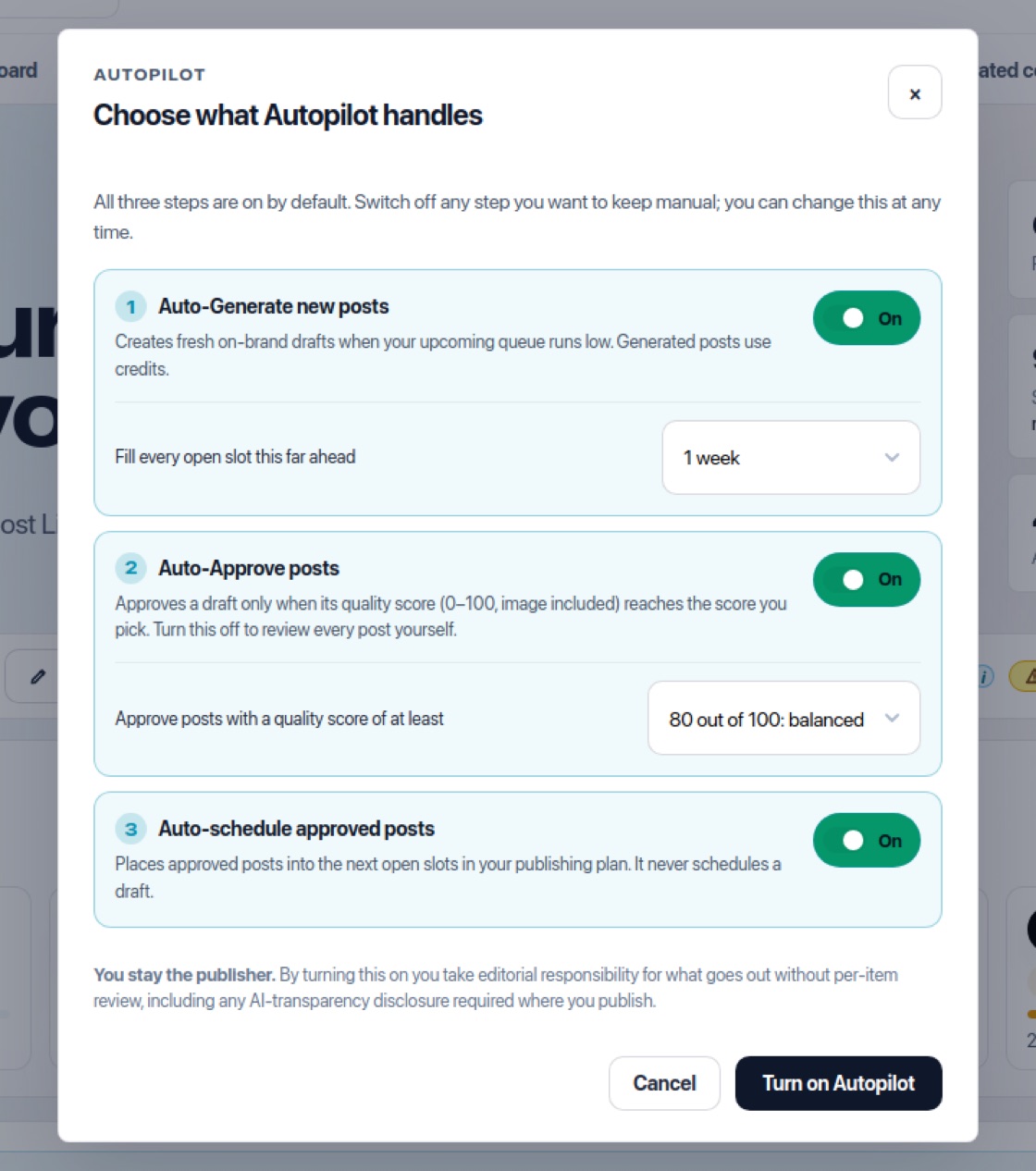 Screenshot of the Autopilot: hands-off publishing screen