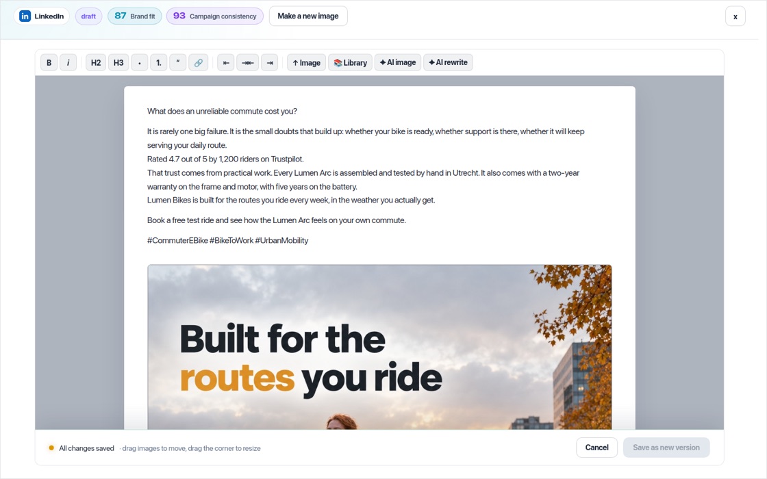 Screenshot of the Create and edit social posts screen