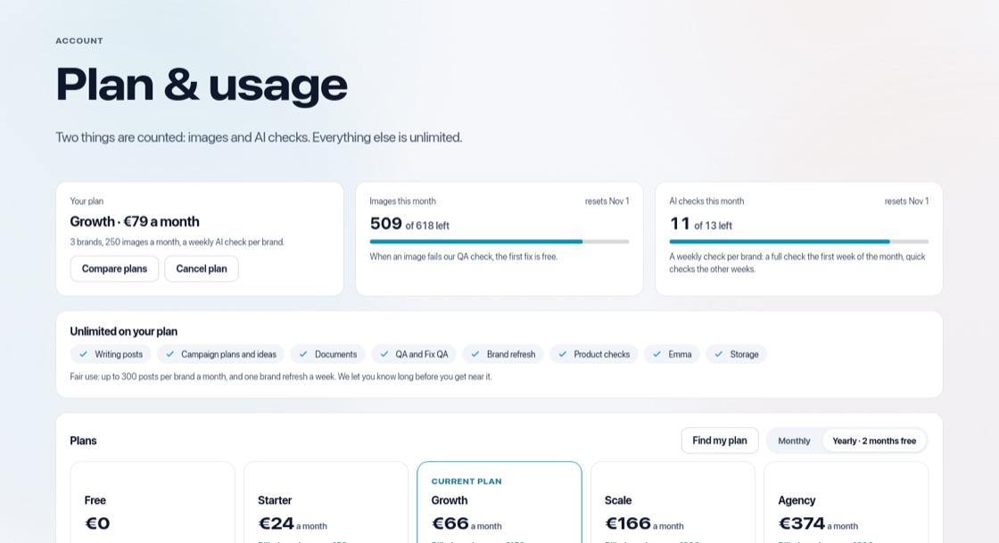 Screenshot of the Plans, credits and usage screen